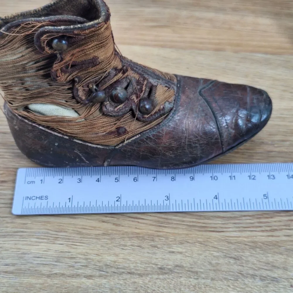 Antique Victorian Baby Boots High-Top Button Brown Leather Textile Pair Vintage